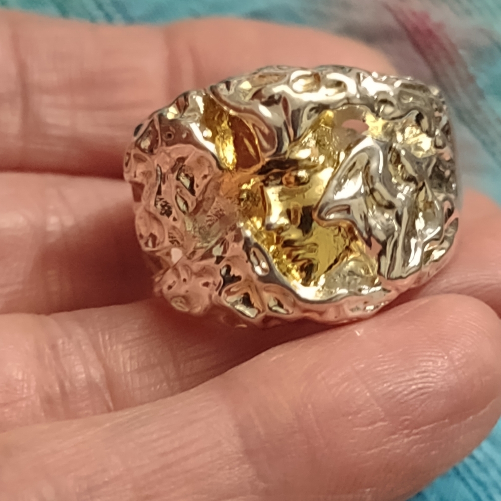 Men's size 12 gold face ring 18K white and yellow gold filled 925 sterling ring